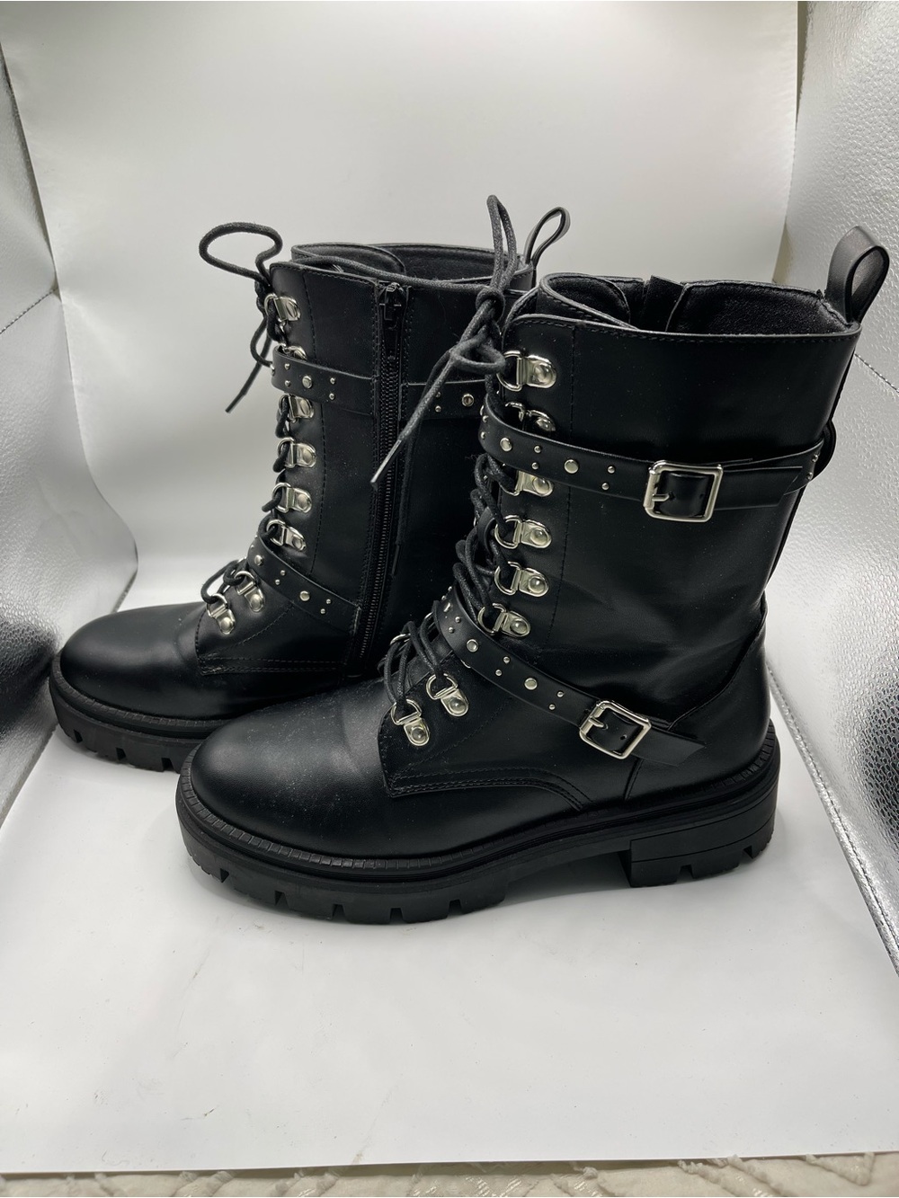 Black Women's Combat Lace-Up Boots with Buckle Detail